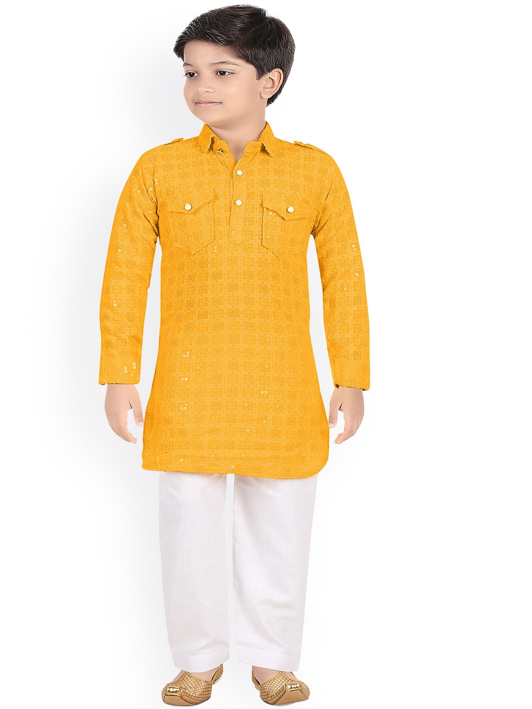 

BAESD Boys Ethnic Motifs Embroidered Sequinned Shirt Collar Pathani Kurta With Pyjamas, Gold
