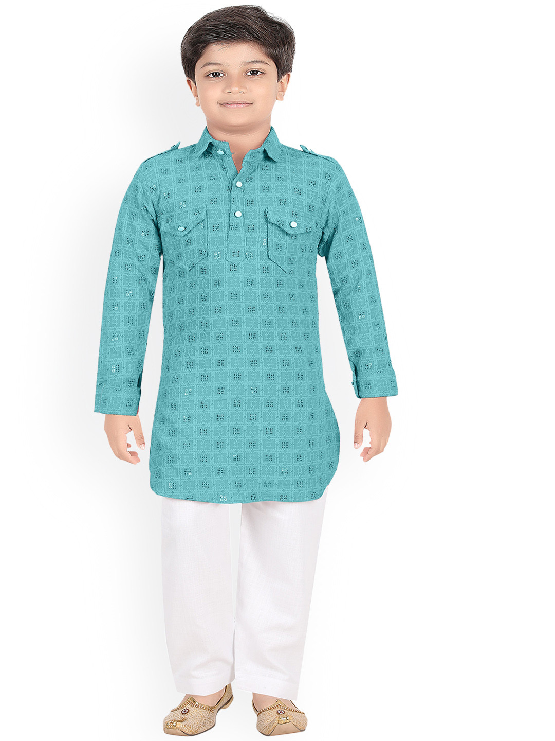 

BAESD Boys Ethnic Motifs Embroidered Regular Sequinned Kurta with Pyjamas, Blue