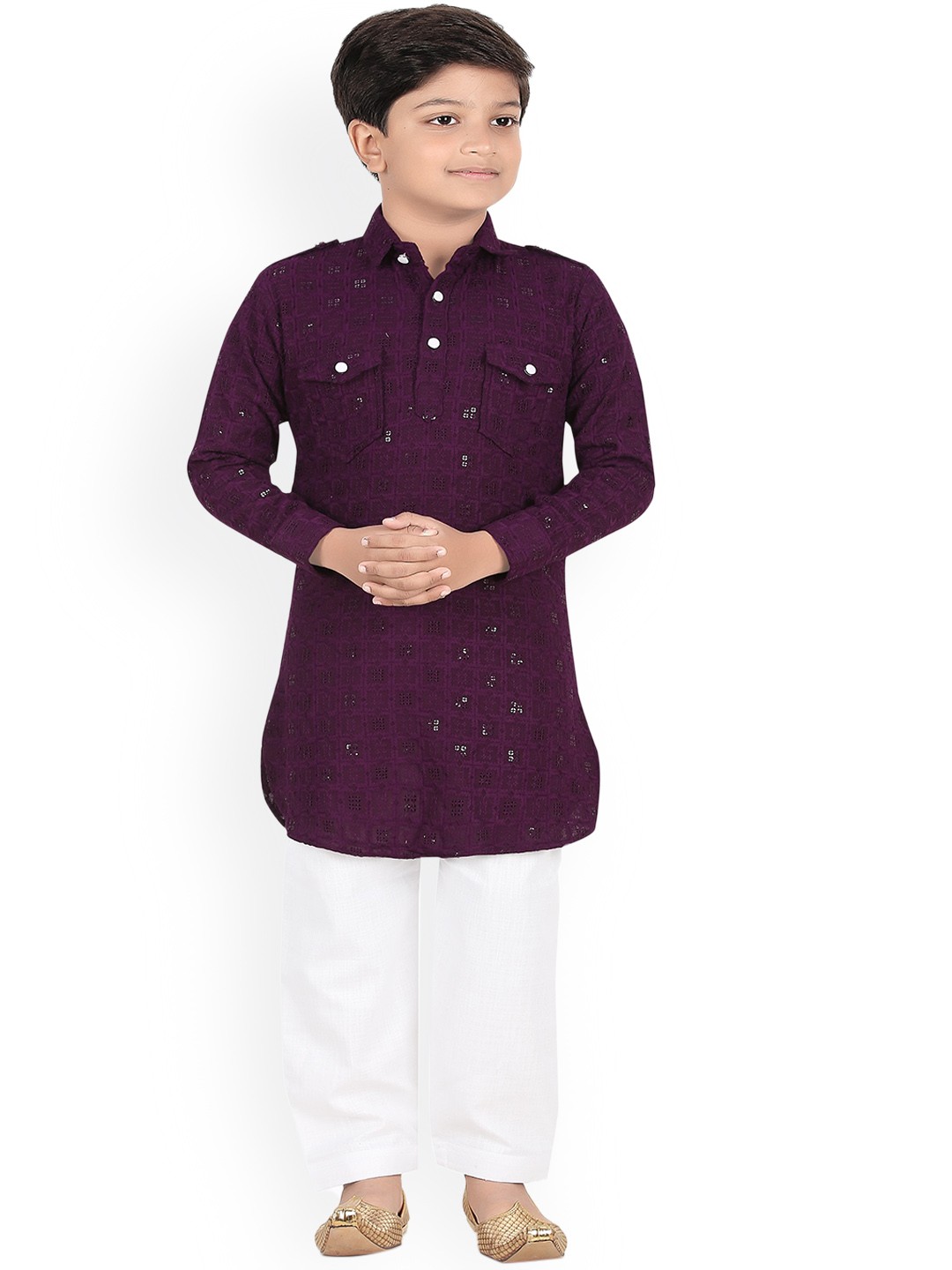 

BAESD Boys Ethnic Motifs Embroidered Regular Sequinned Kurta with Pyjamas, Purple
