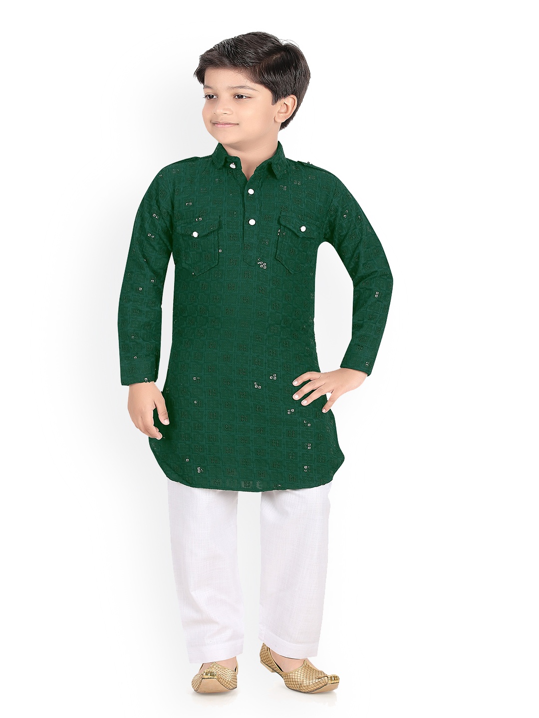 

BAESD Boys Ethnic Motifs Embroidered Sequinned Kurta with Pyjamas, Green