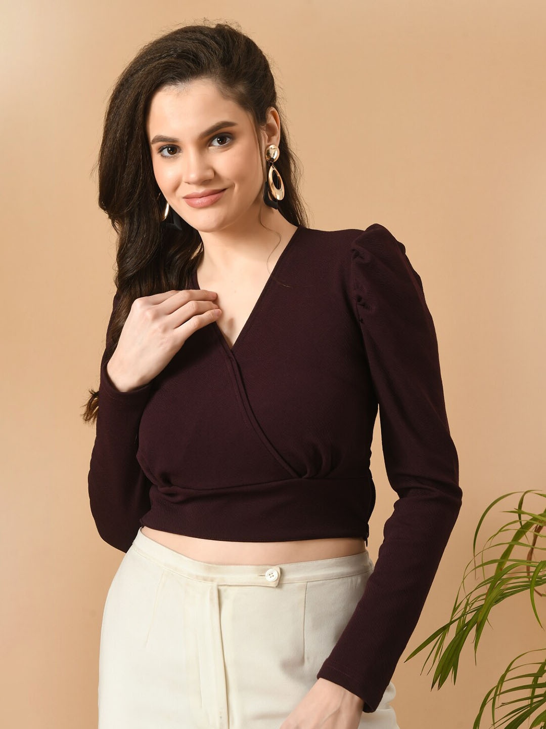 

IUGA V-Neck Puff Sleeve Crop Top, Burgundy