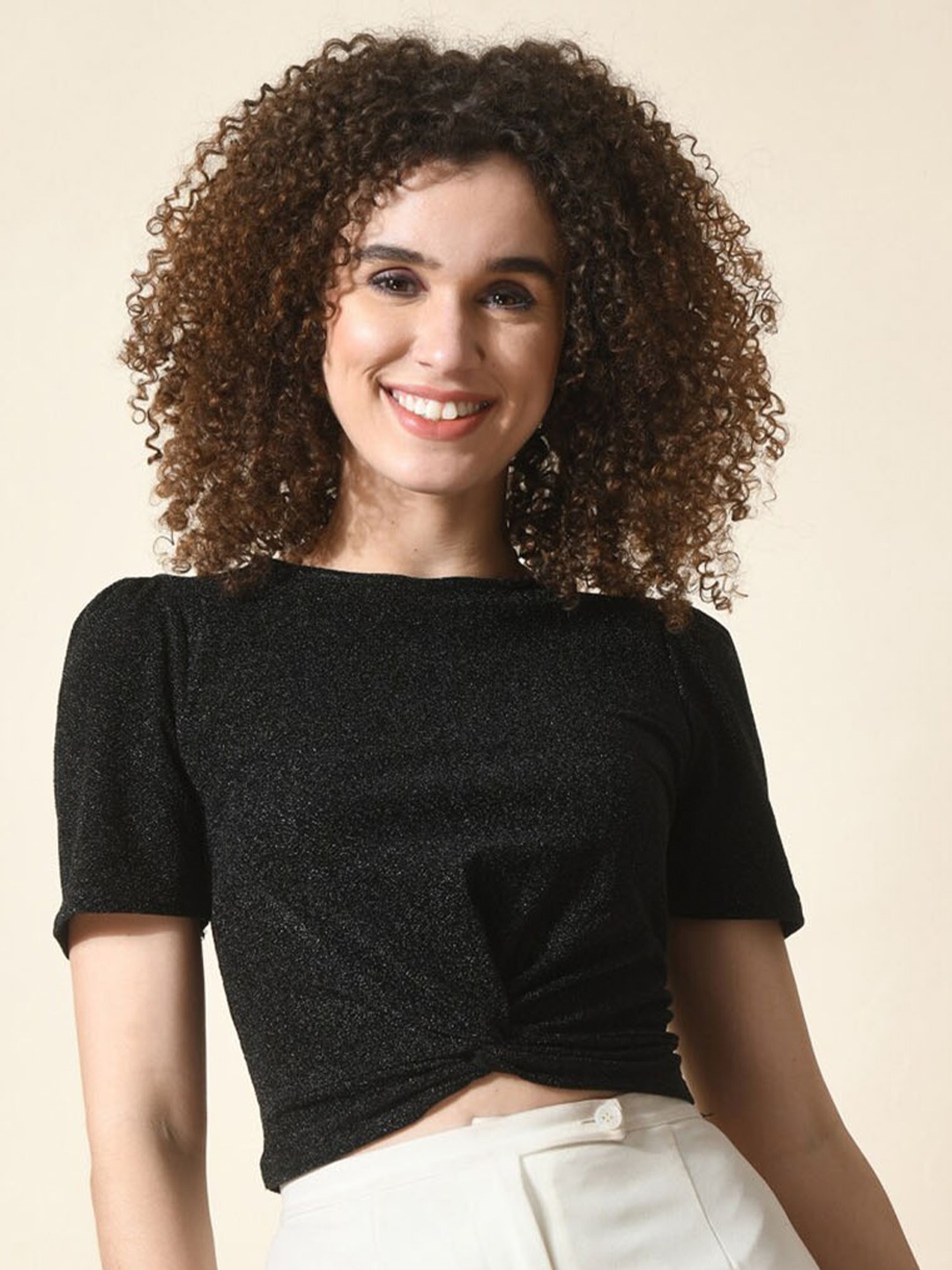 

IUGA Puff Sleeves Crop Top, Black