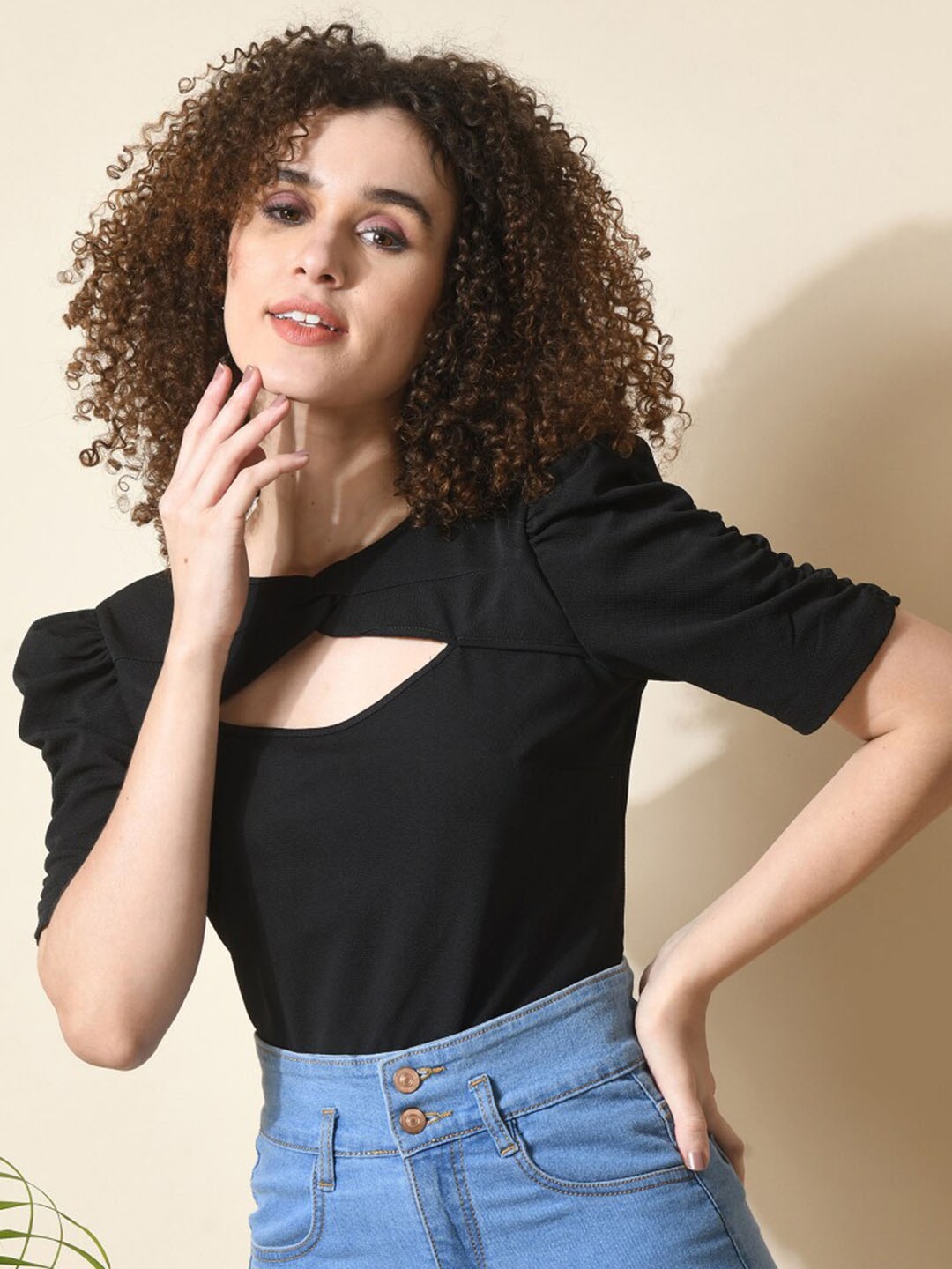 

IUGA Round Neck Puff Sleeves Cut Out Top, Black