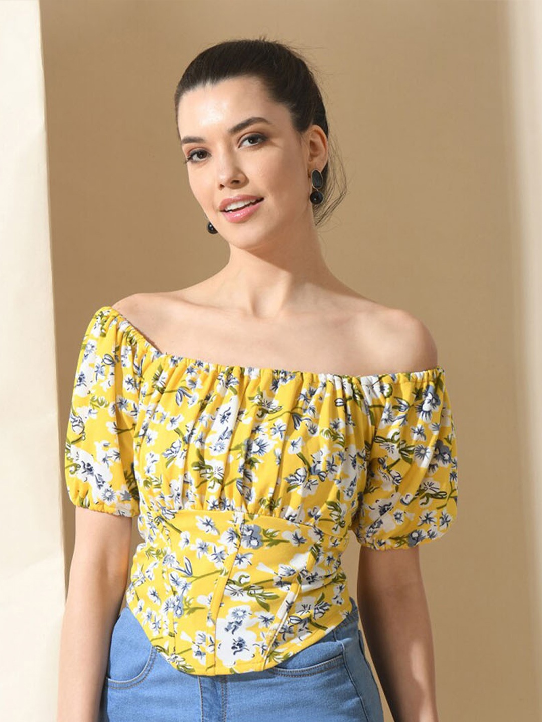 

IUGA Floral Printed Off-Shoulder Bardot Crop Top, Yellow