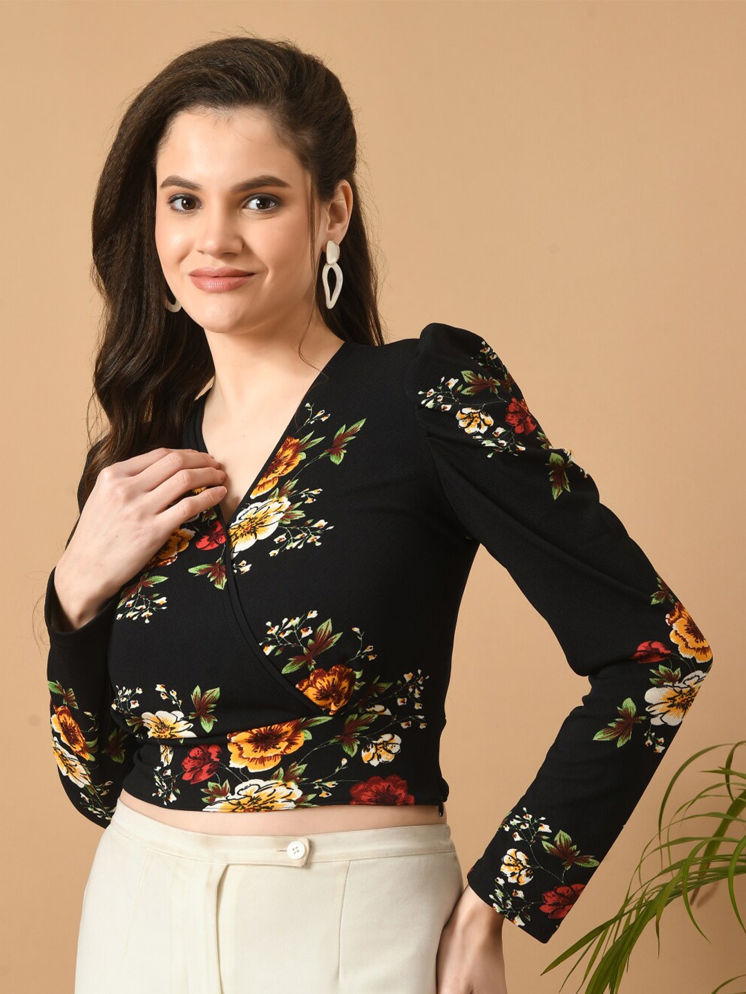 

IUGA Floral Printed V-Neck Wrap Crop Top, Black