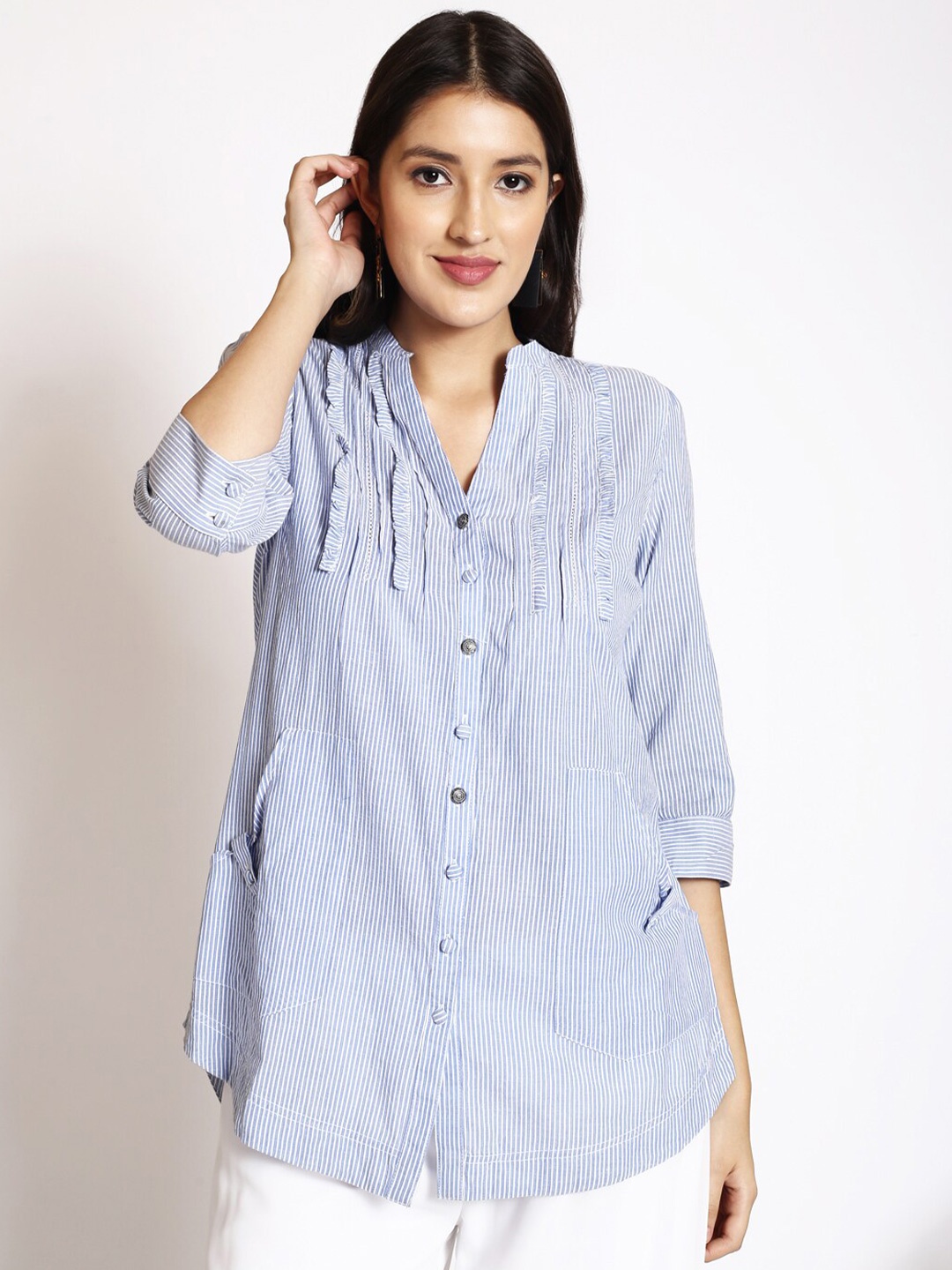 

250 DESIGNS Striped Mandarin Collar Three-Quarter Sleeves Longline Casual Shirt, Blue