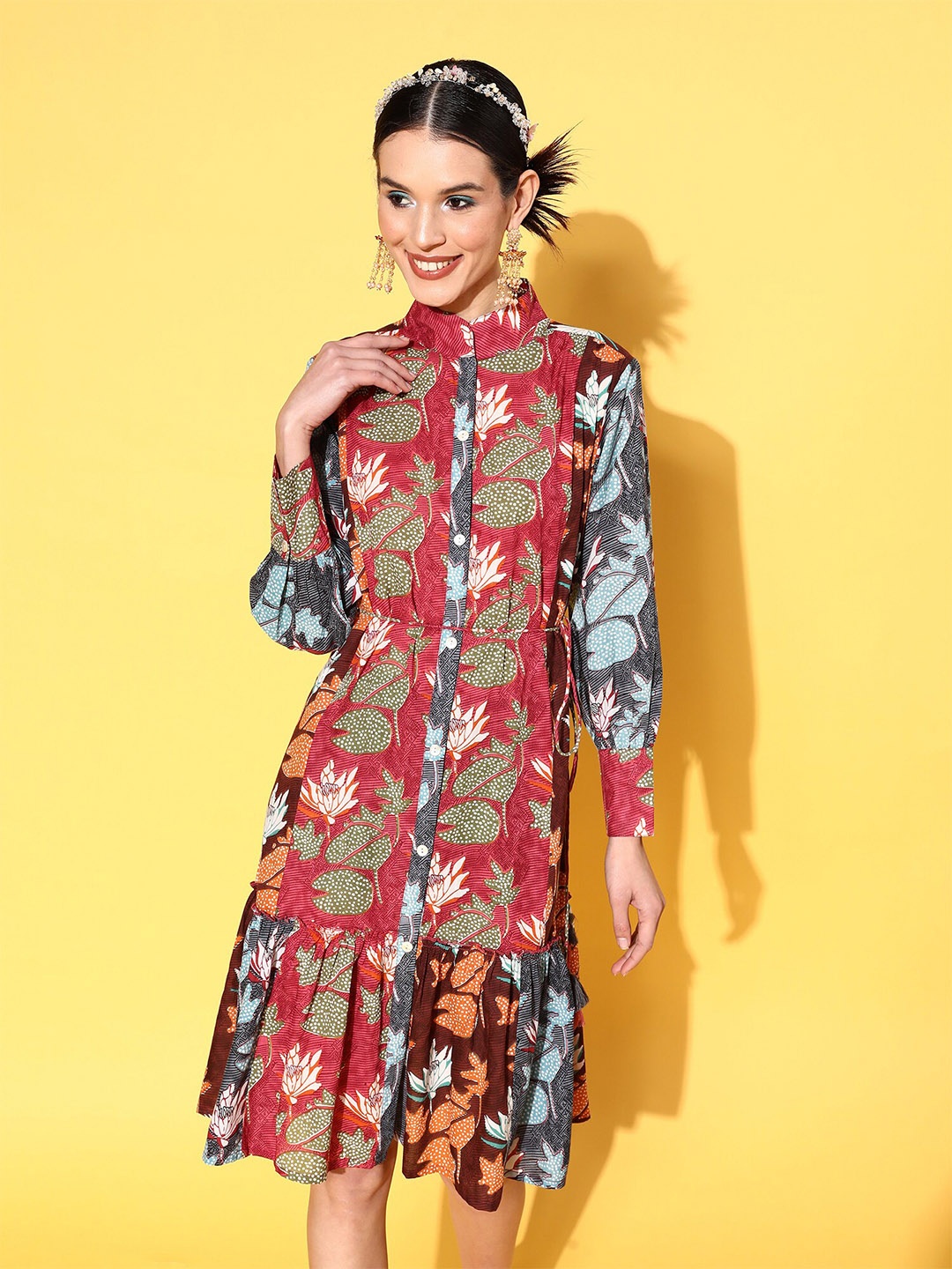 

Anouk Floral Printed Shirt Midi Cotton A-Line Dress, Multi