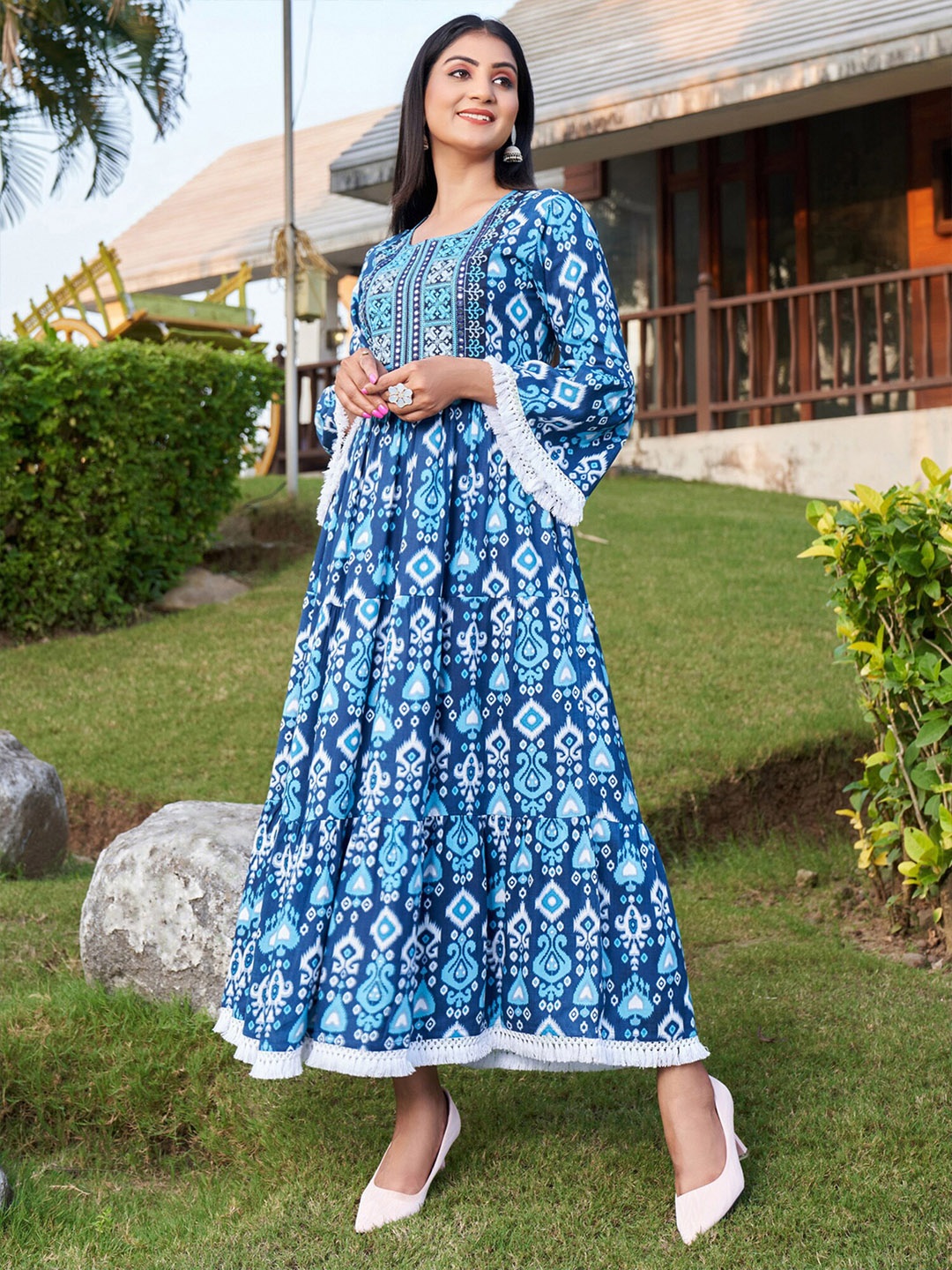 

Anouk Floral Printed Mirror Work Embroidered Fit & Flare Maxi Dress, Blue