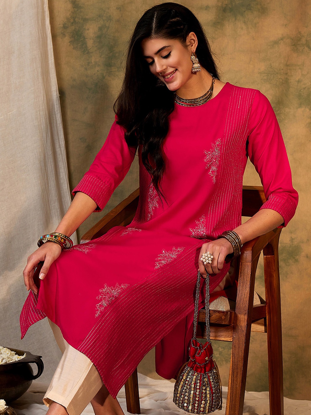 

Anouk Magenta Striped Thread Work Straight Kurta