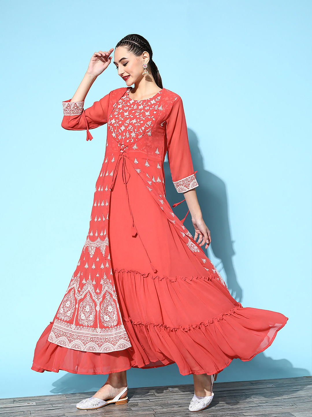 

Anouk Rust Floral Embroidered Flared A-Line Dress