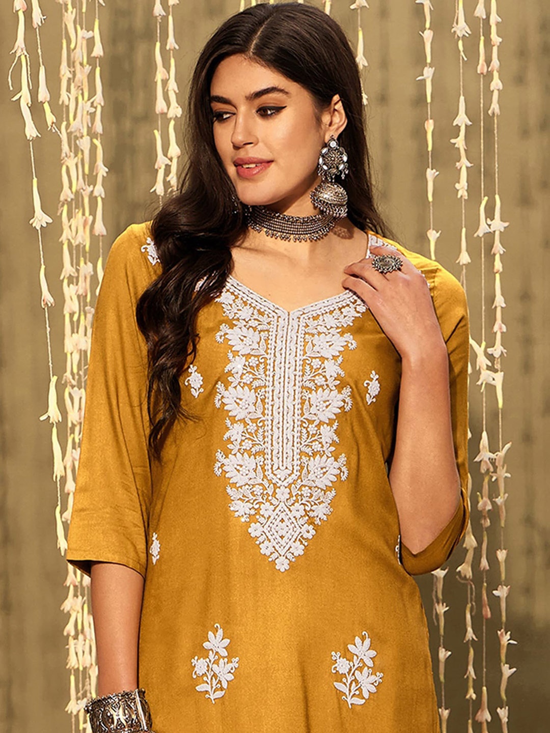 

Anouk Mustard Yellow Ethnic Motifs Embroidered Straight Kurta