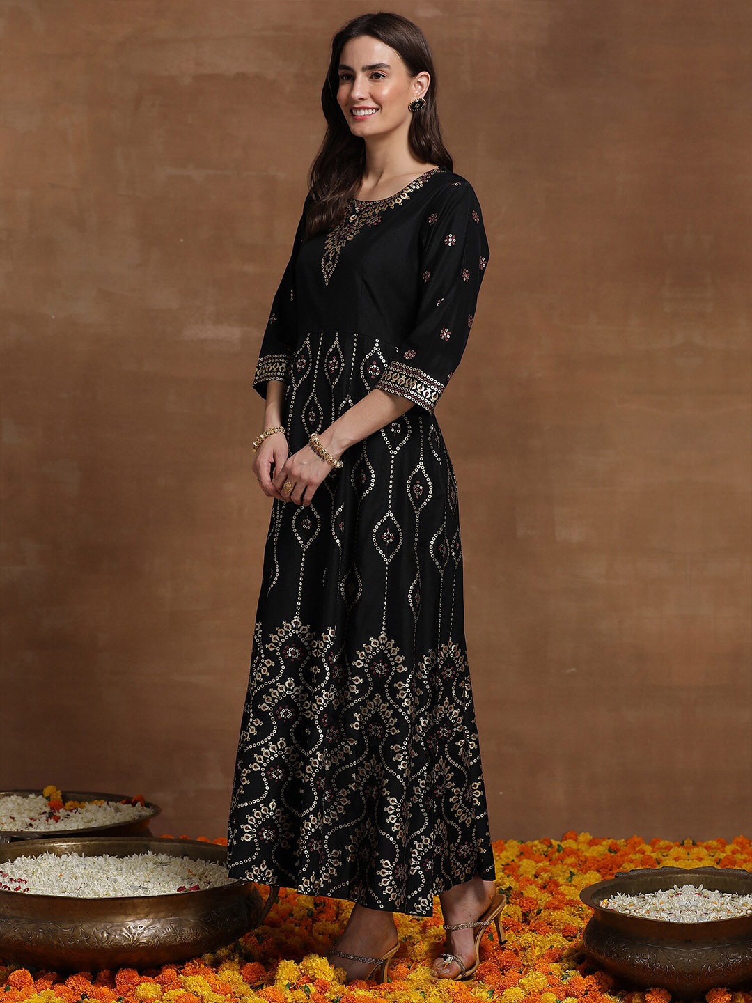 

Anouk Ethnic Motifs Printed Liva Formal A-Line Dress, Black