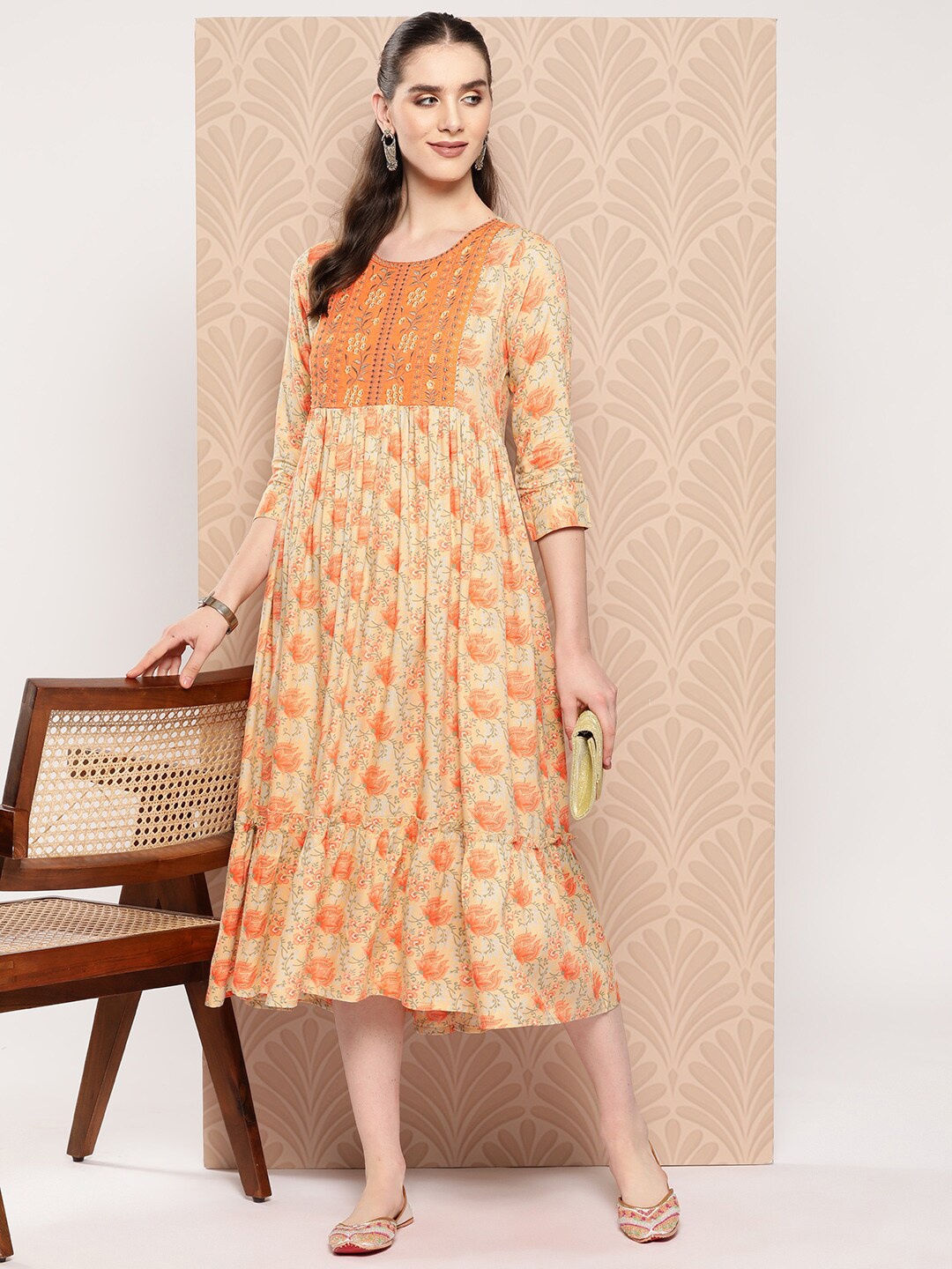 

Anouk Floral Printed Formal Cotton Midi A-Line Dress, Orange