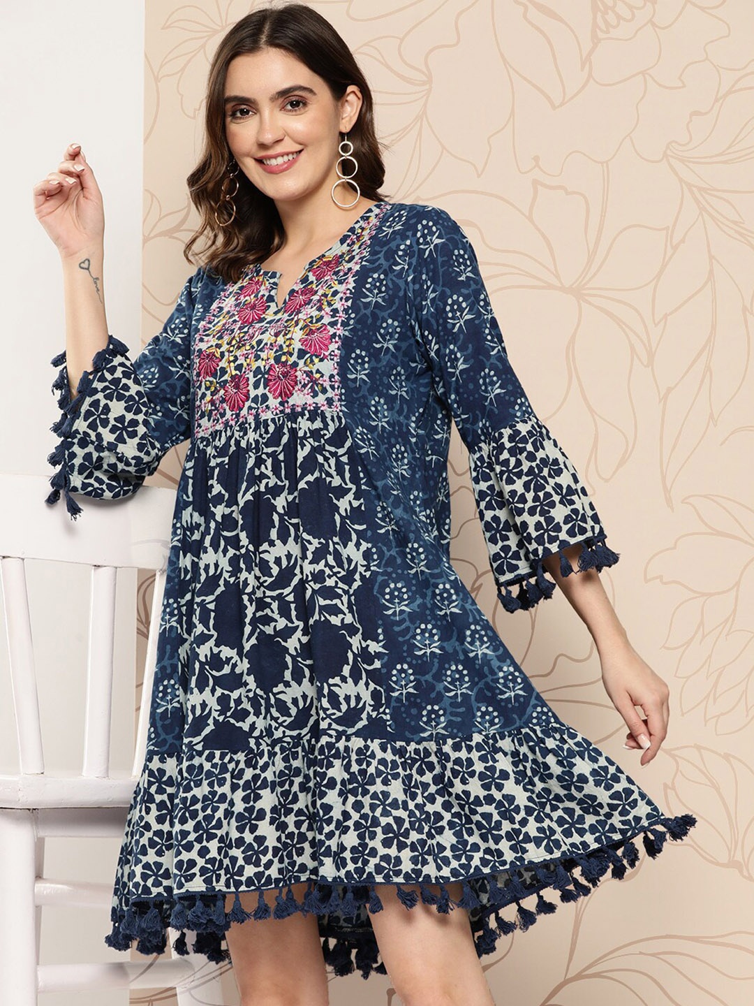 

Anouk Floral Embroidered A-Line Dress, Blue