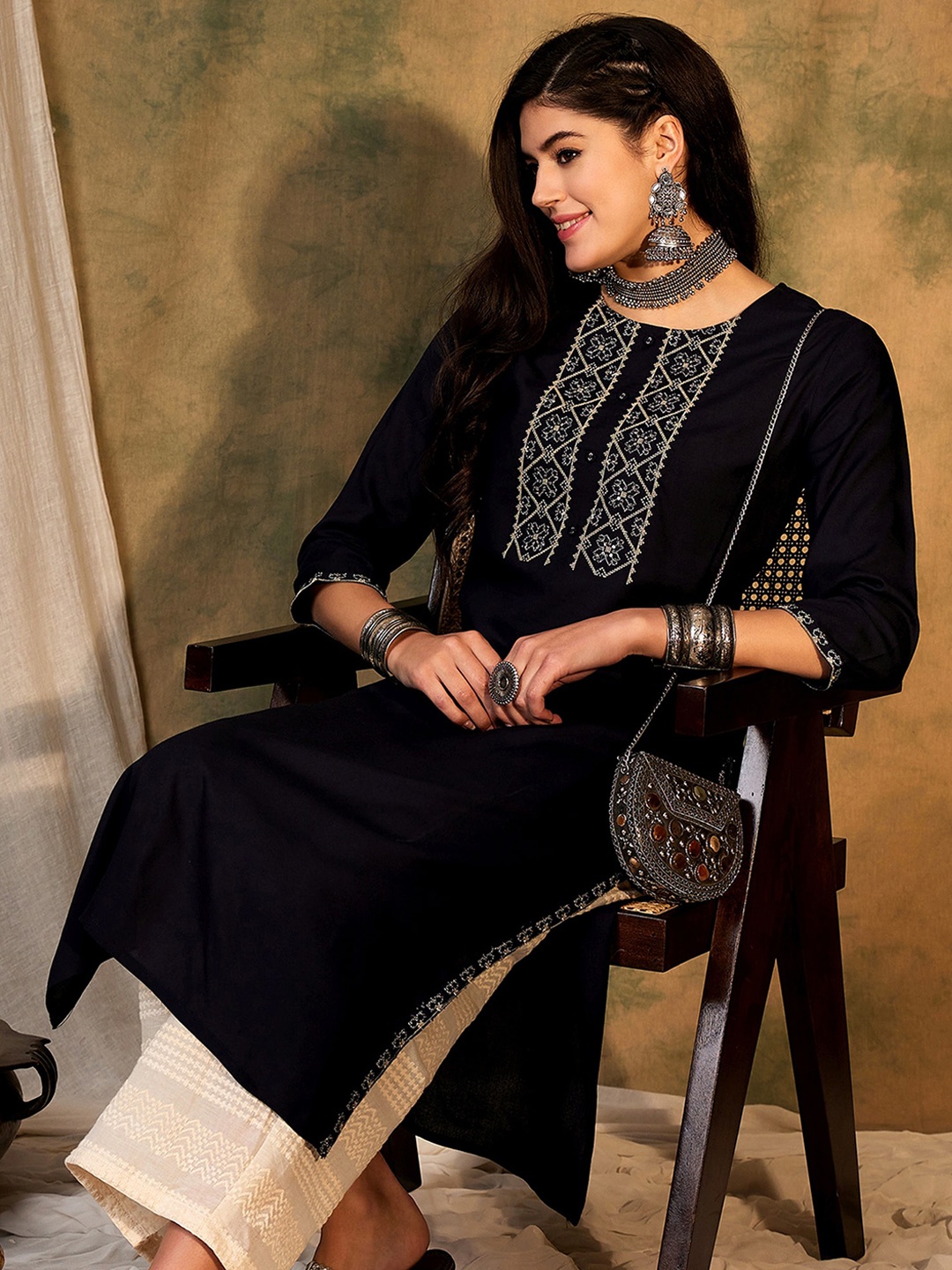 

Anouk Navy Blue Ethnic Motifs Round Neck Flared A-Line Kurta