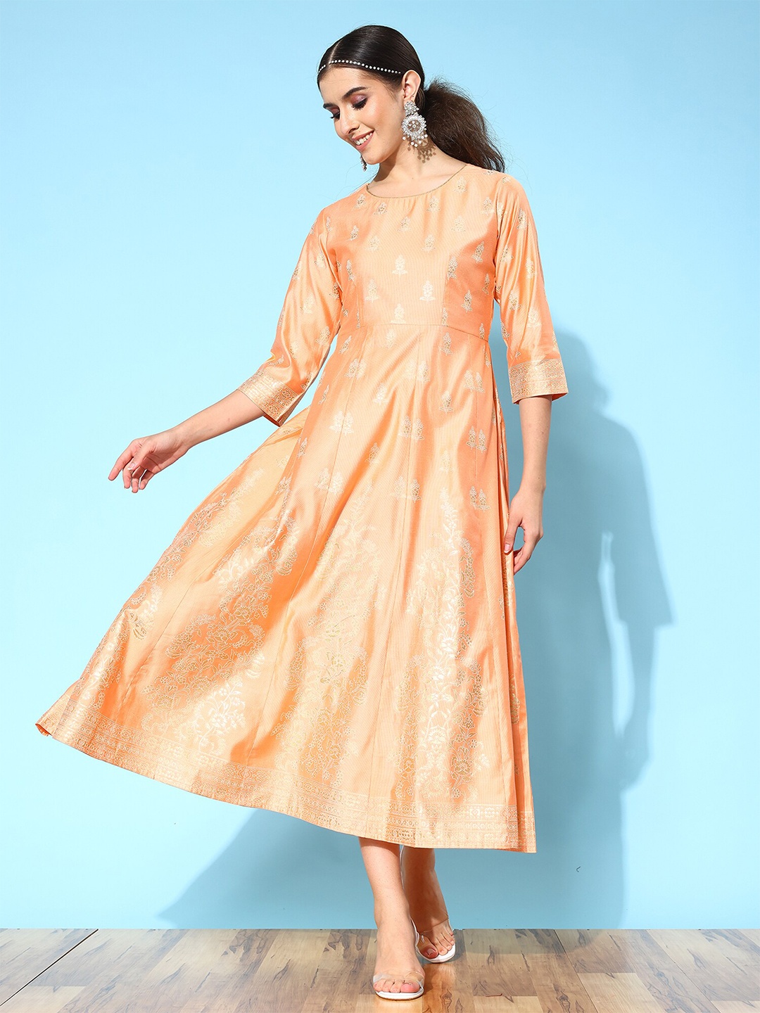 

Anouk Printed Liva Formal Fit & Flare A-Line Midi Dress, Peach