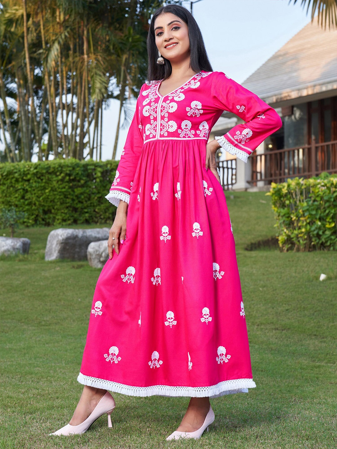 

Anouk Floral Embroidered Cotton Fit & Flare Maxi Dress, Pink