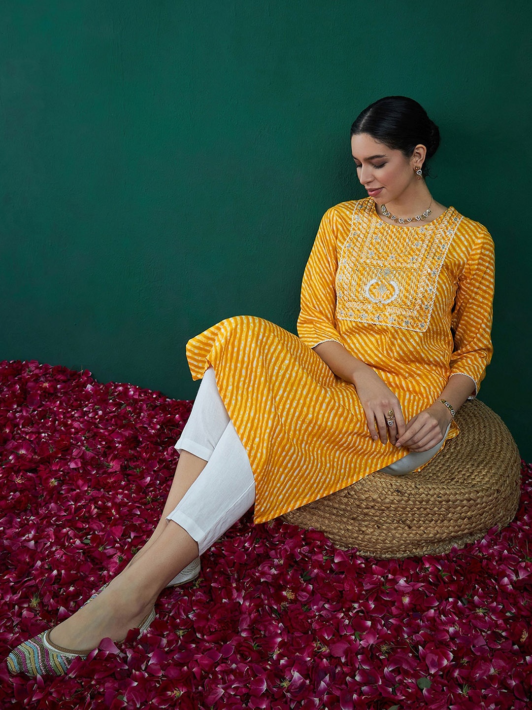 Anouk Striped Printed Yoke Design Straight Kurta, Yellow