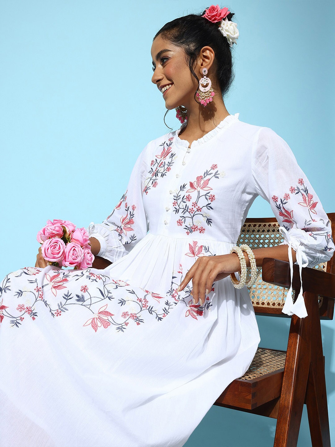 

Anouk Floral Printed Bell Sleeve Cotton Fit & Flare A-Line Dress, White