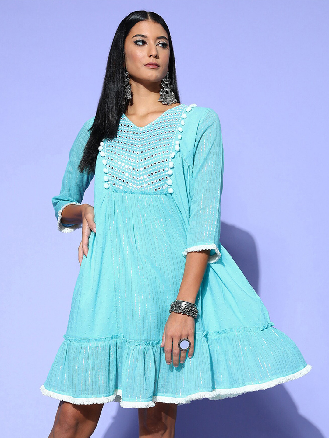 

Anouk Striped Embroidered Round Neck Blouson Maxi A-line Dress, Blue