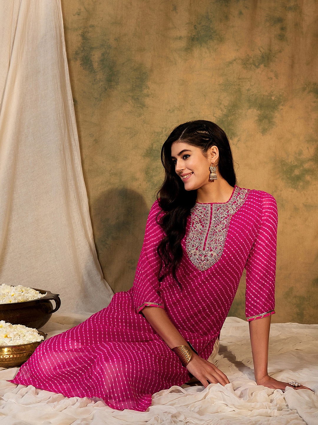 

Anouk Striped Georgette Straight Kurta, Pink