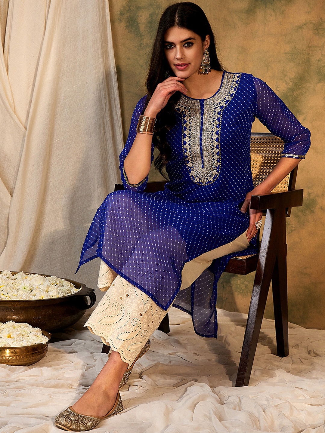 

Anouk Polka Dots Printed Yoke Design Straight Kurta, Blue