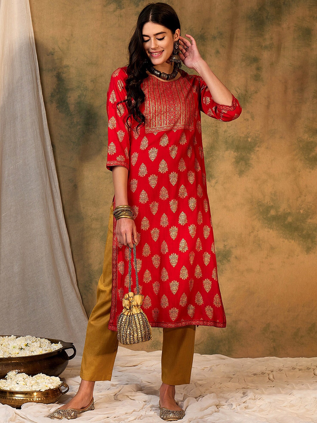 

Anouk Red Ethnic Motif Printed Straight Kurta