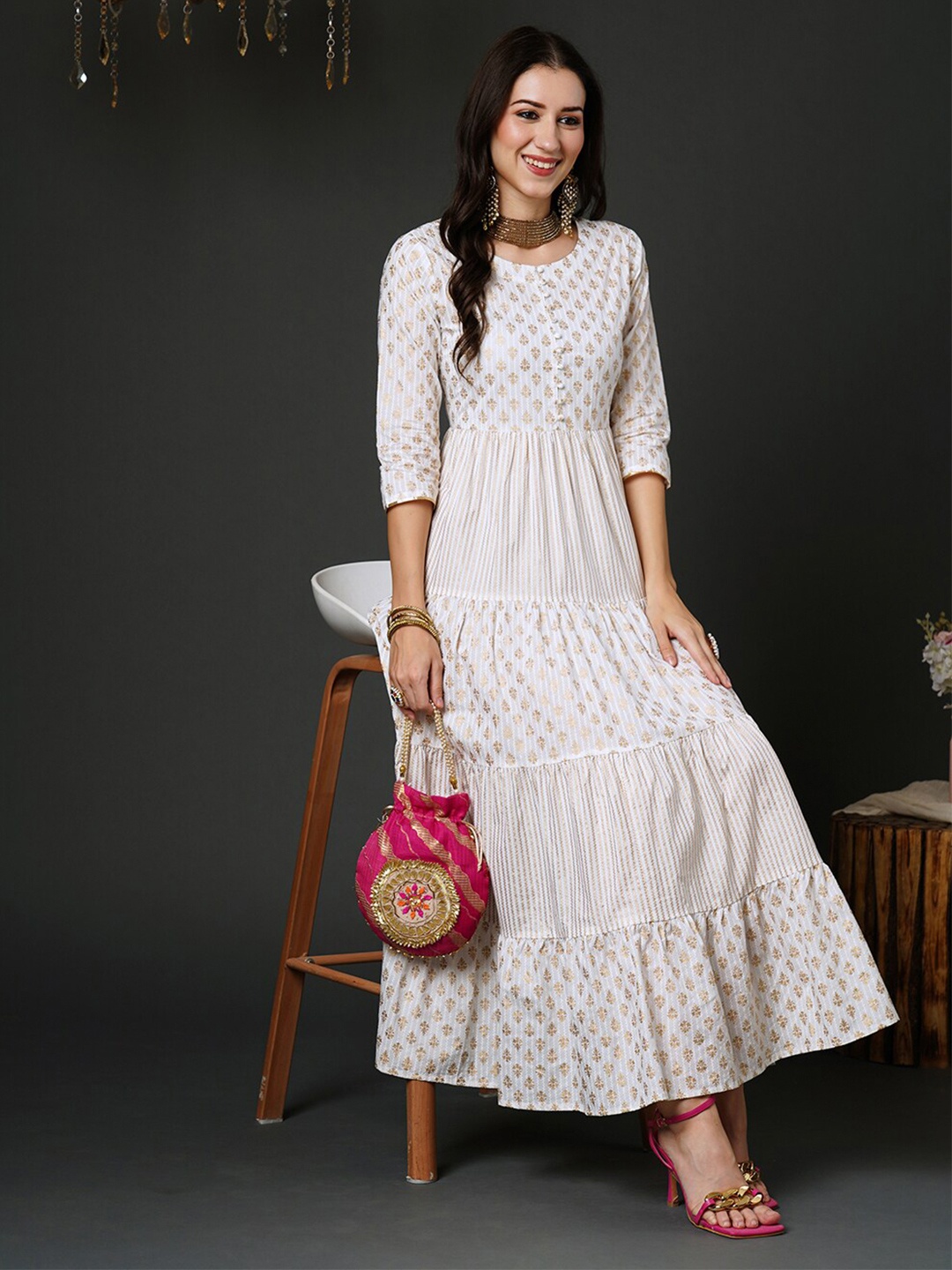 

Anouk Floral Printed A-Line Midi Dress, Off white
