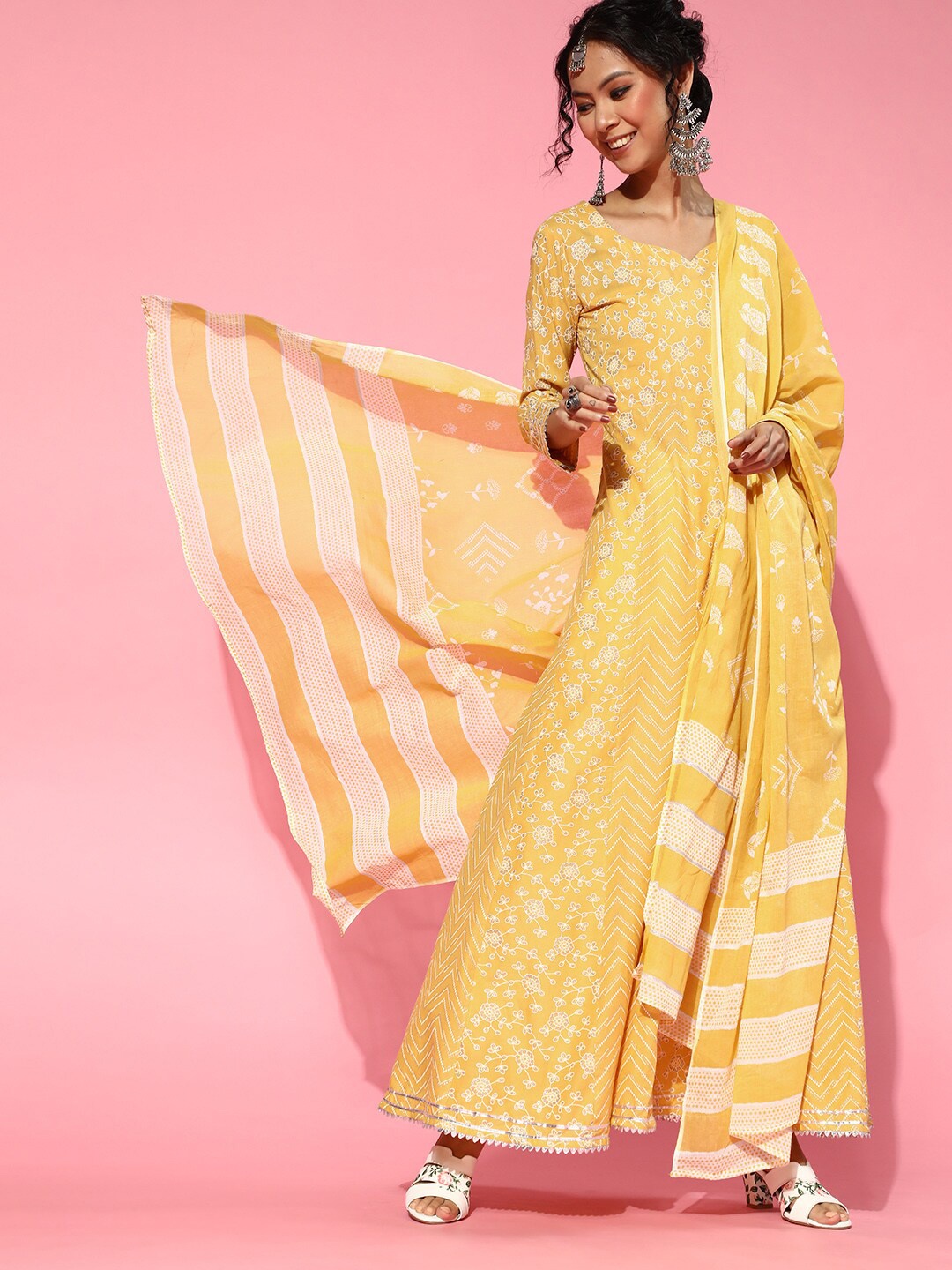 

Anouk Yellow Floral Printed Round Neck Maxi A-line Dress With Dupatta