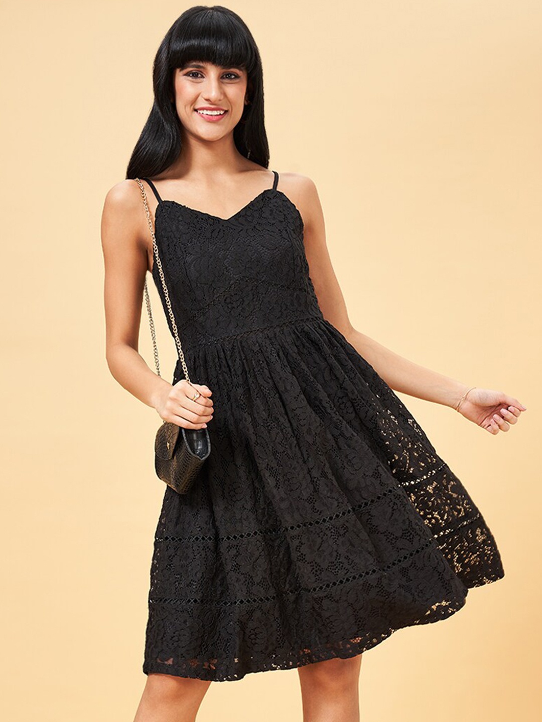 

Honey by Pantaloons Self Design Shoulder Straps Fit & Flare Dress, Black