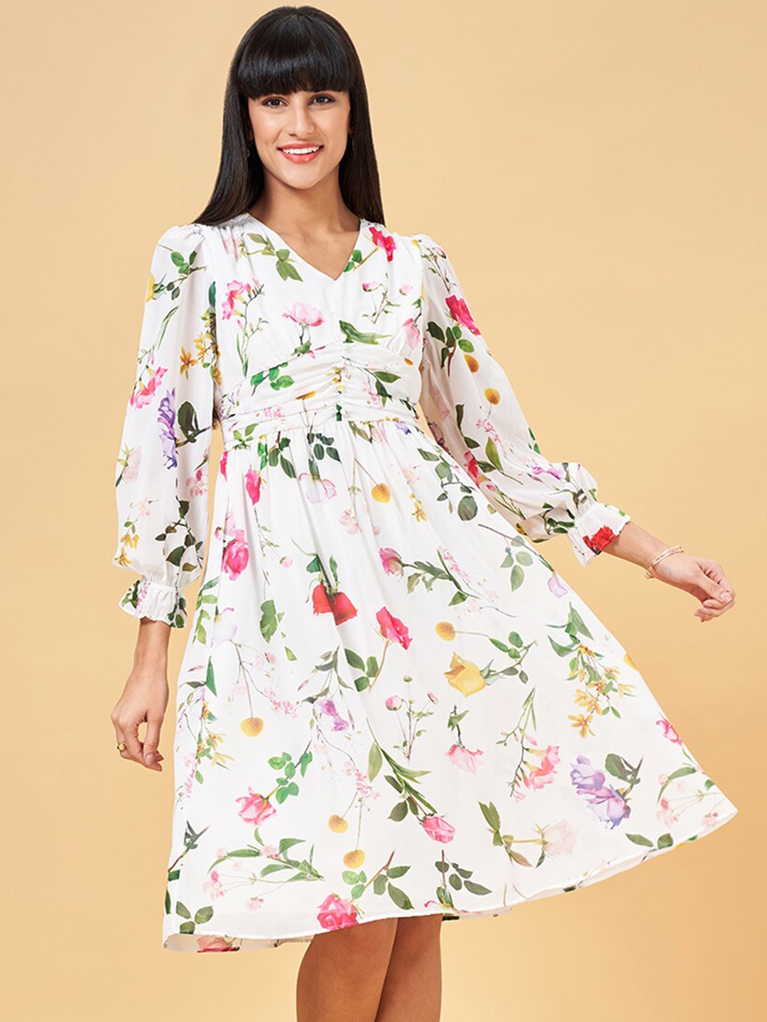 

Honey by Pantaloons Floral Printed Puff Sleeve Fit & Flare Dress, White