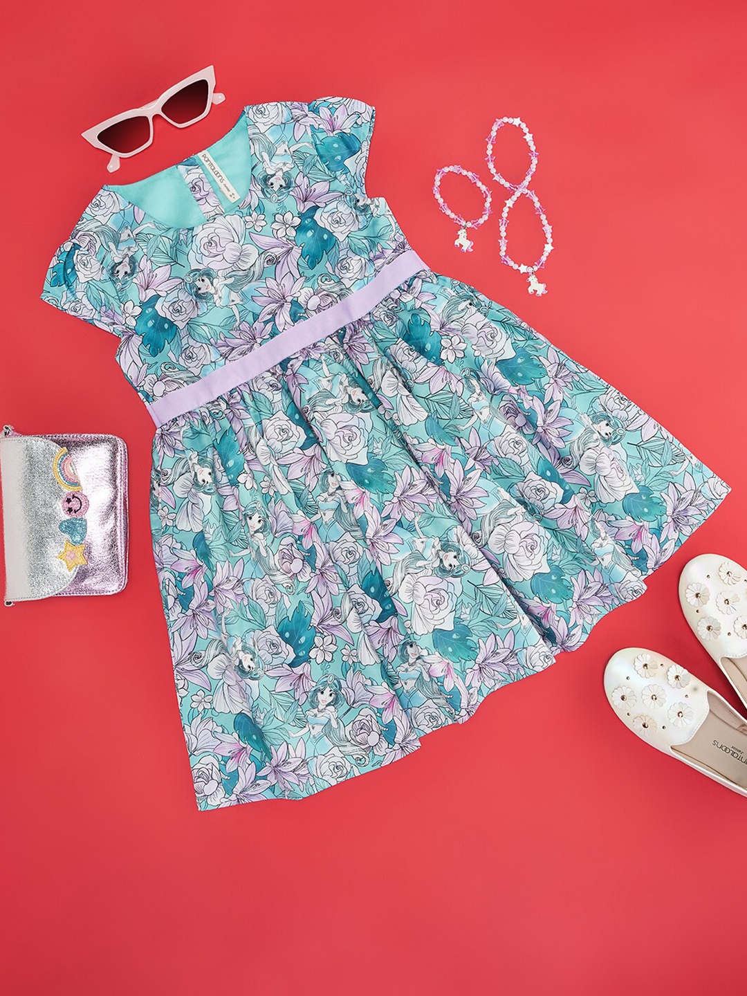 Pantaloons Junior Girls Floral Printed Cap Sleeves Gathered Detail Fit & Flare Dress, Green