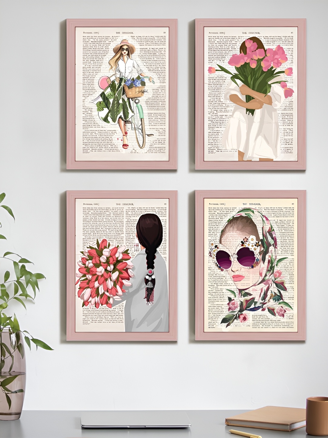 Art Street Pink & White 4 Piece Synthetic Woode Floral and Botanical Printed Wall Arts