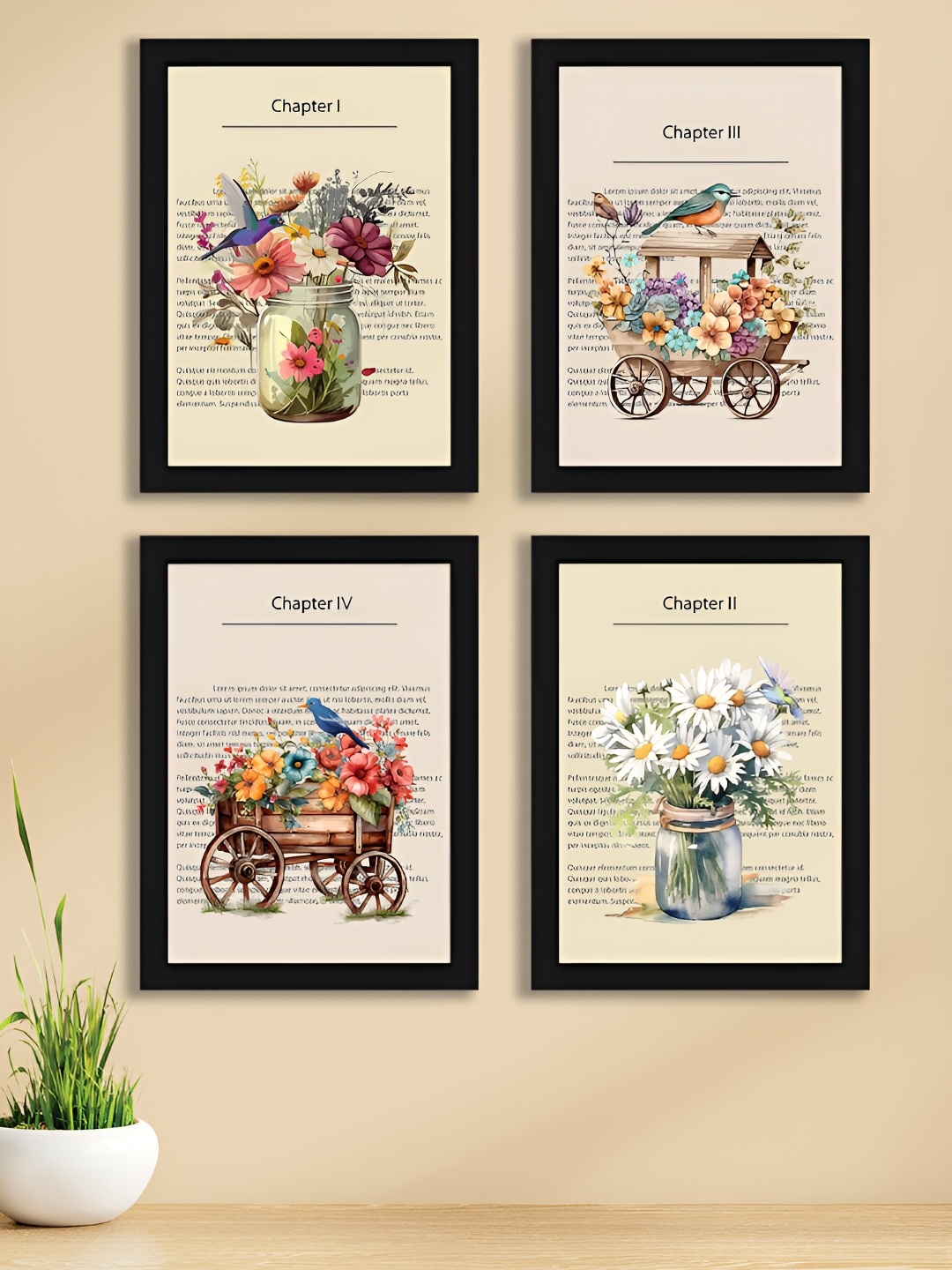 Art Street Black & White 4 Piece Synthetic Wooden Floral and Botanical Wall Arts