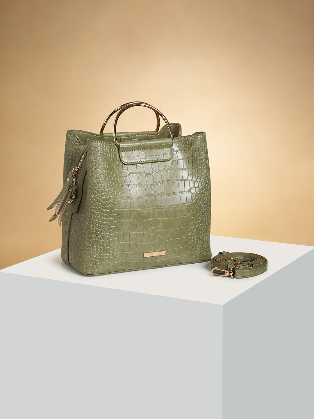 

Forever Glam by Pantaloons Textured Structured Handheld Bag, Olive