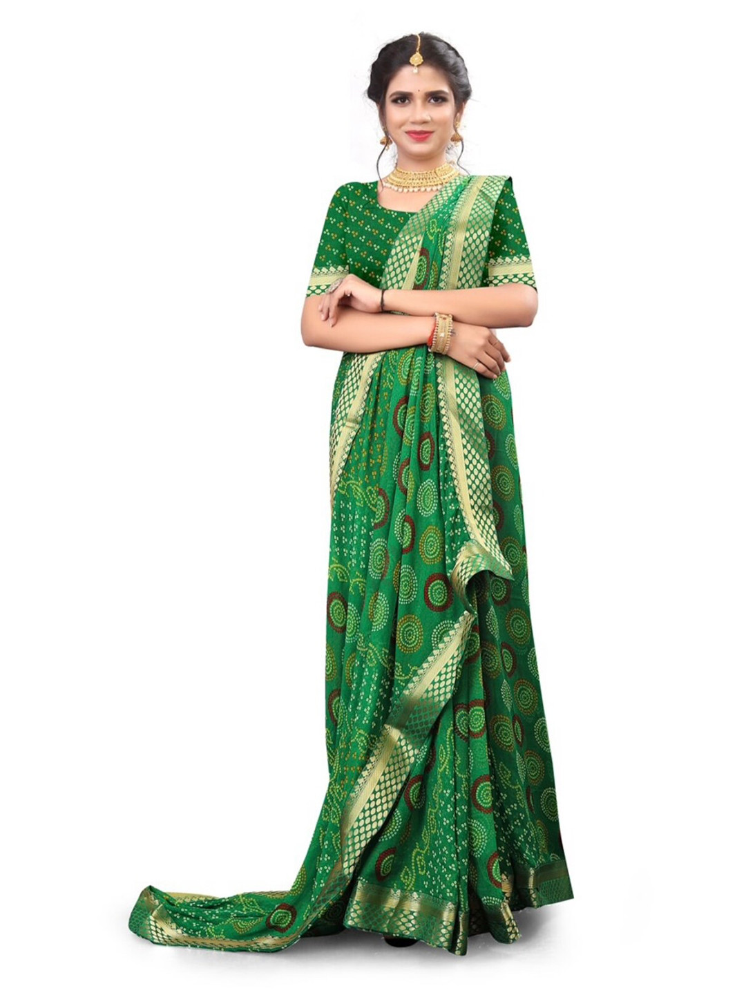 

V TEX SAREES Bandhani Printed Saree, Green