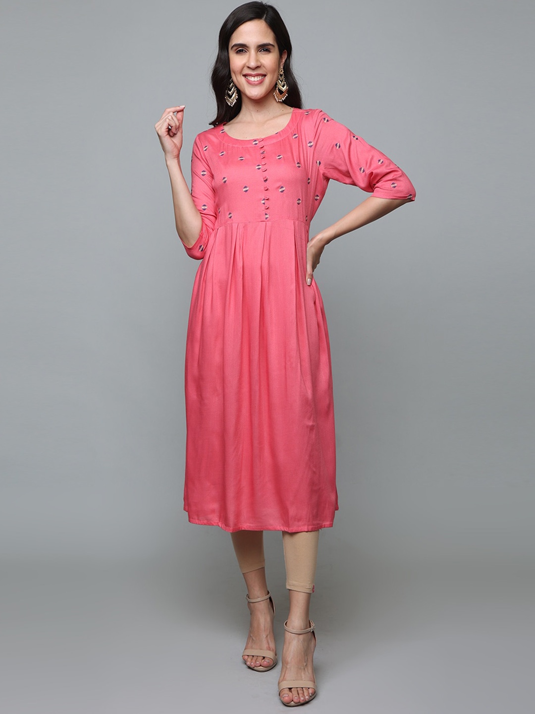 

Alena Geometric Embroidered Thread Work Pure Liva Pleated A-Line Kurta, Pink