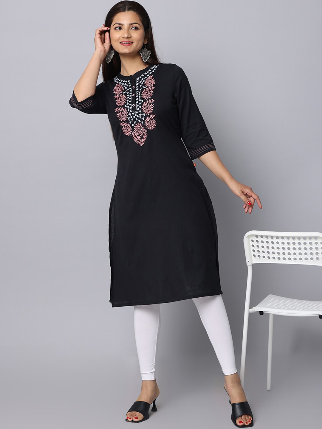 

Alena Ethnic Yoke Design Thread Work Cotton A-Line Kurta, Black