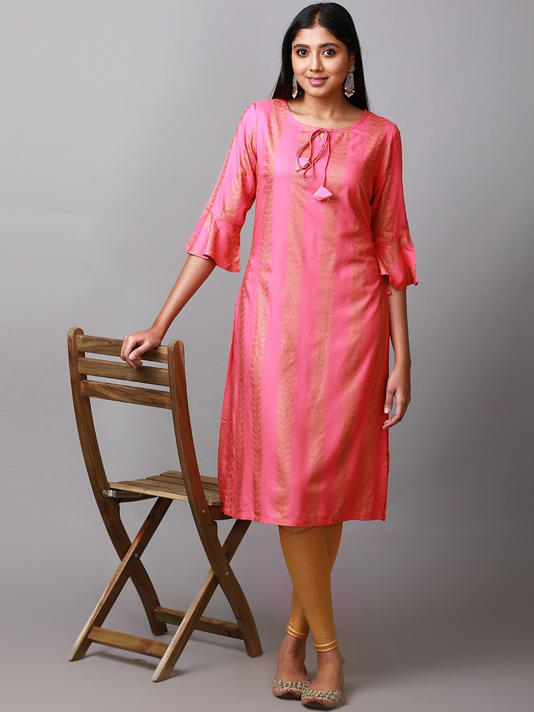 

Alena Striped Tie-Up Neck Bell Sleeves Pure Liva Straight Kurta, Pink