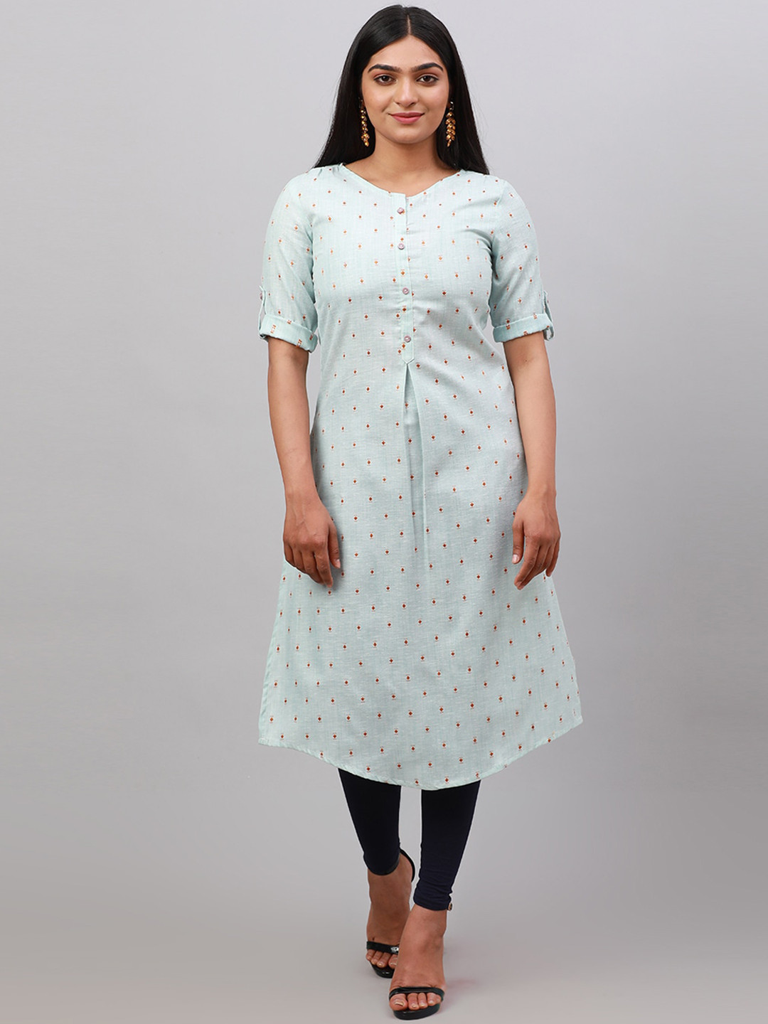 

Alena Geometric Printed Round Neck Cotton A-Line Kurta, Green