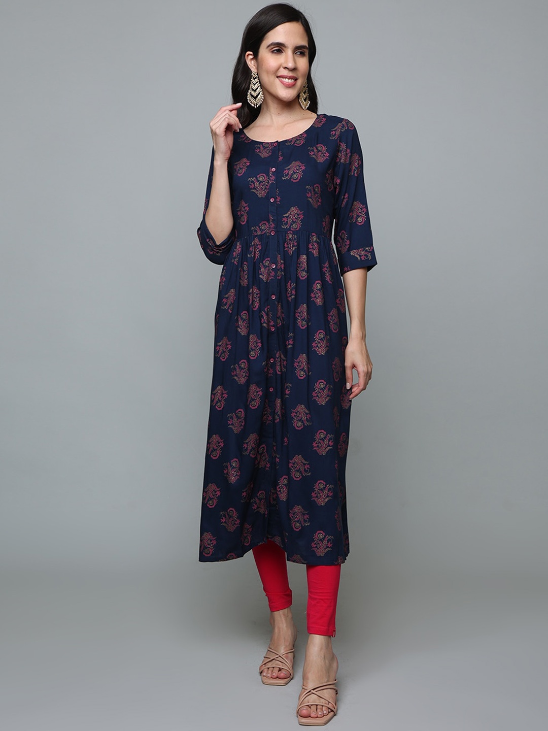 

Alena Women Ethnic Motifs Printed Thread Work Liva Kurta, Navy blue
