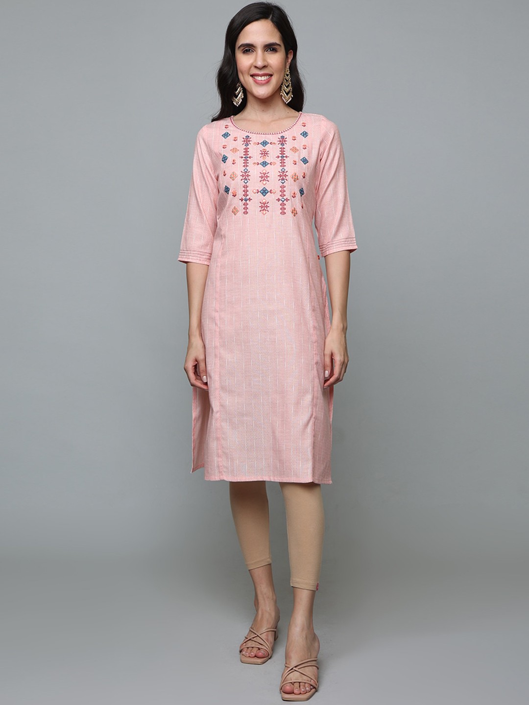 

Alena Striped Round Neck Three-Quarter Sleeves Thread Work Straight Kurta, Peach