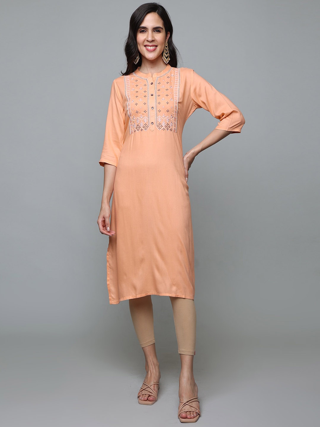 

Alena Ethnic Motifs Yoke Design Mandarin Collar Thread Work Pure Liva Straight Kurta, Peach