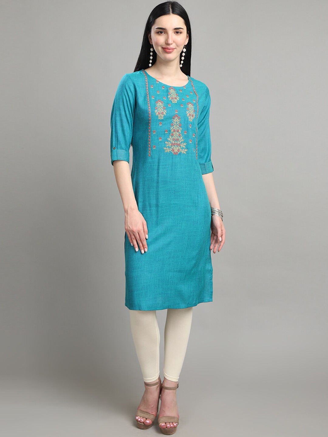 

Alena Ethnic Yoke Design Round Neck A-Line Kurta, Teal