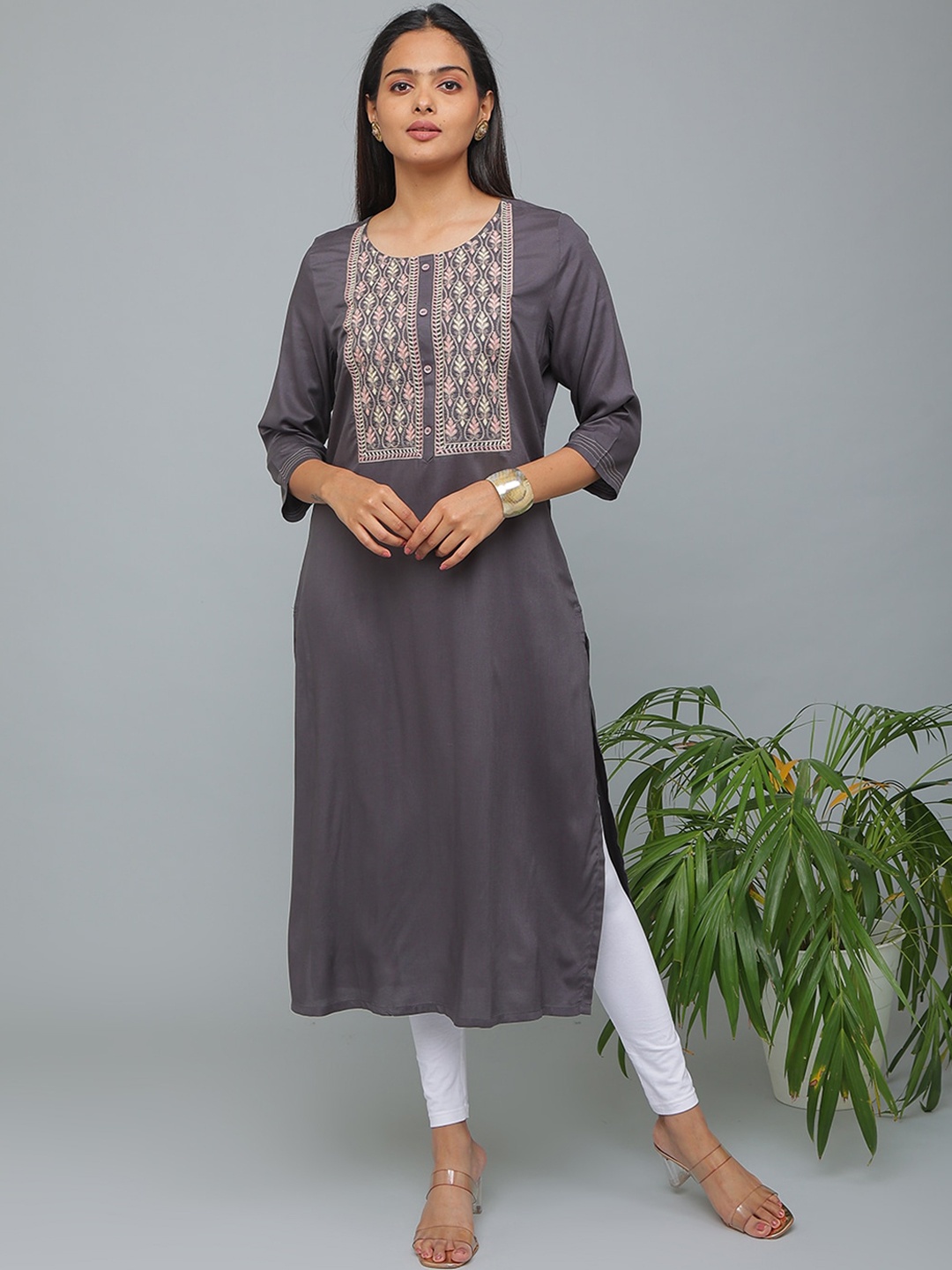 

Alena Ethnic Motifs Embroidered Pure Liva Straight Kurta, Grey