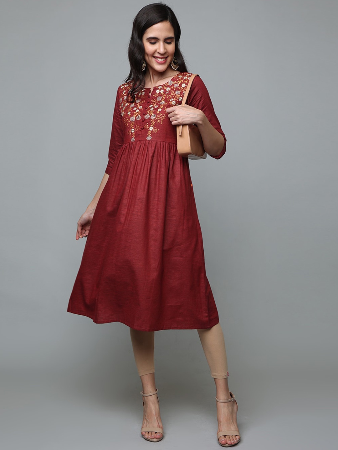 

Alena Geometric Embroidered Zari Cotton Three-Quarter Sleeves A-Line Kurta, Maroon