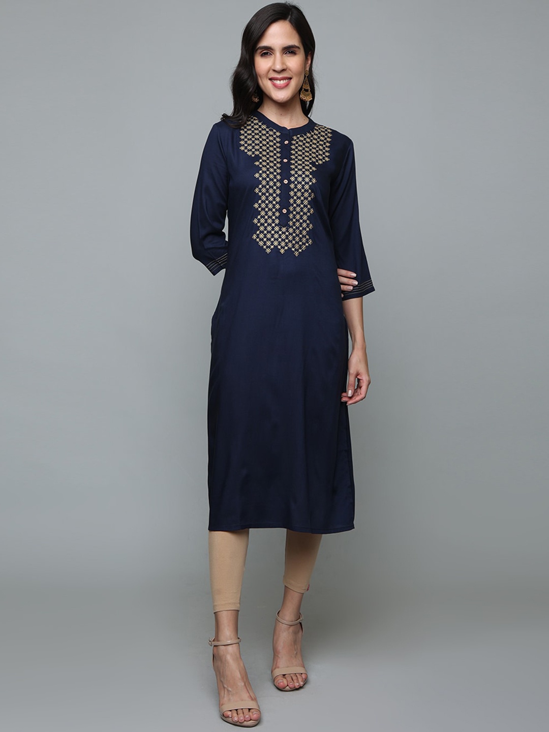 

Alena Geometric Embroidered Mandarin Collar Three-Quarter Sleeves Thread Work Liva Kurta, Navy blue