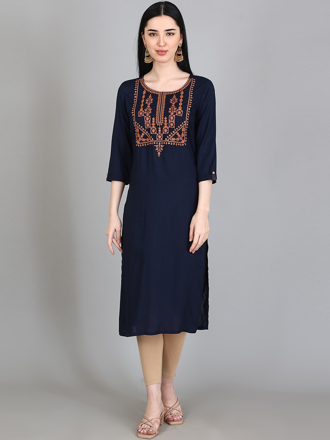 

Alena Ethnic Motifs Yoke Design Thread Work Pure Liva Straight Kurta, Navy blue