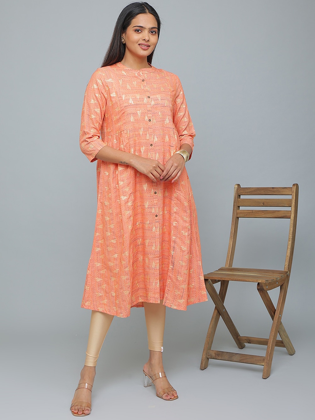 

Alena Geometric Woven Design Mandarin Collar Pure Cotton A-Line Kurta, Orange