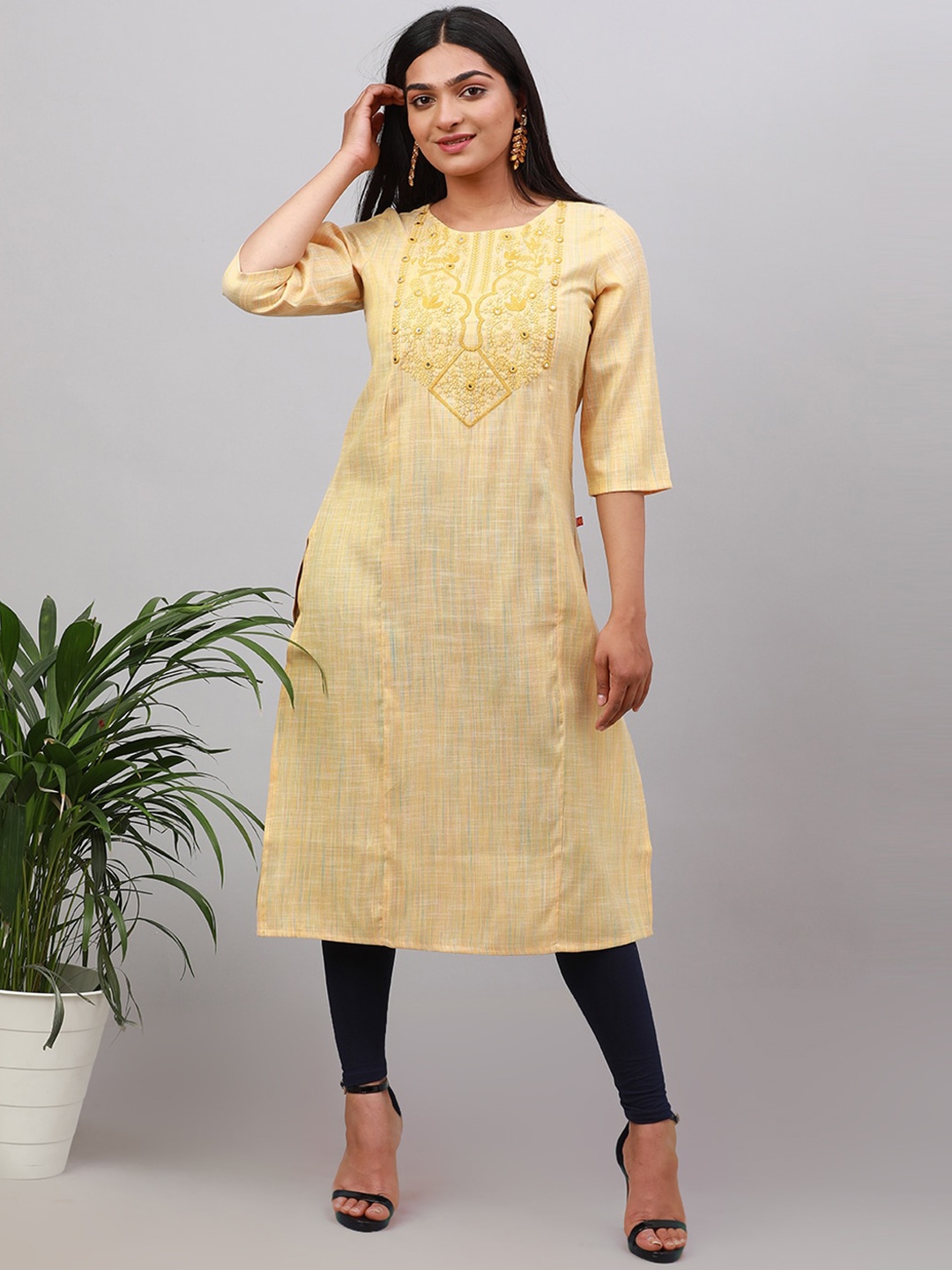 

Alena Ethnic Motifs Embroidered Cotton Flared Thread Work Kurta, Mustard